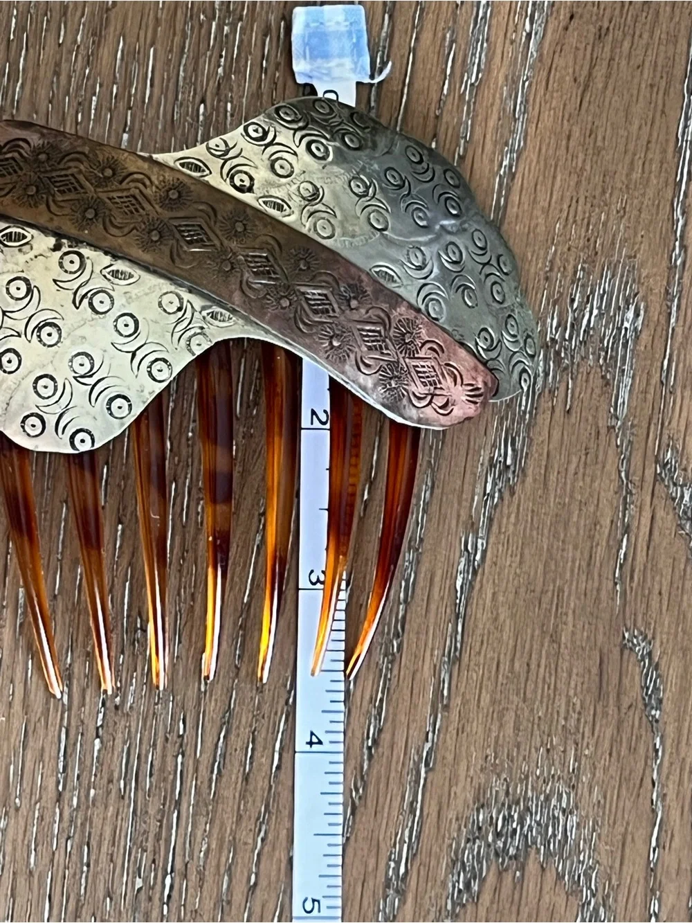 Decorative Silver Tone Metal Hair Comb with Amber Teeth Made in Italy
